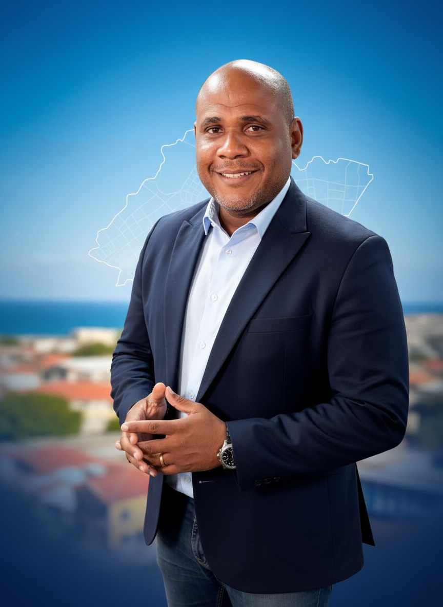 Loïc Martol devant la carte de Guadeloupe